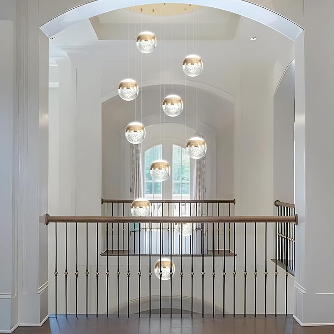 LED Staircase Chandelier Crystal Globe Pendant Light Gold Large Chandeliers for High Ceiling,10-Lights Hanging Flush Mount Lighting Fixtures for Foyer,Entryway,Living Room