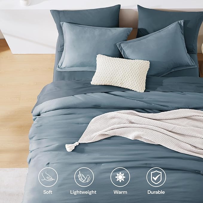 WRENSONGE King Size Comforter Set- 7 Pieces Soft Oxford Blue Bed in a Bag King with Fitted Sheet, Flat Sheet, 2 Pillow Shams, and 2 Pillowcases-Warm King Bedding Set for All Season