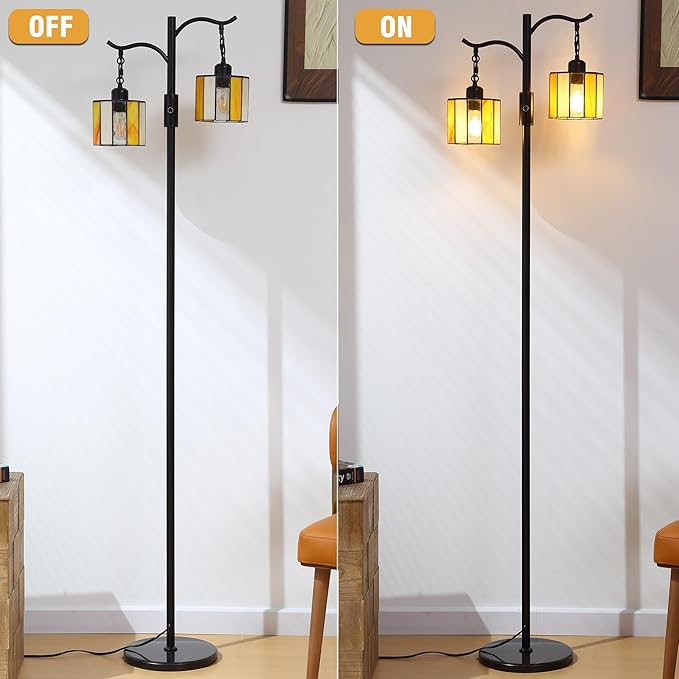 Vintage Dimmable Floor Lamp, Tiffany Standing Lamp with 2 Stained Glass Shades, Rustic Farmhouse Floor Lamp with Black Finish for Living Room Bedroom