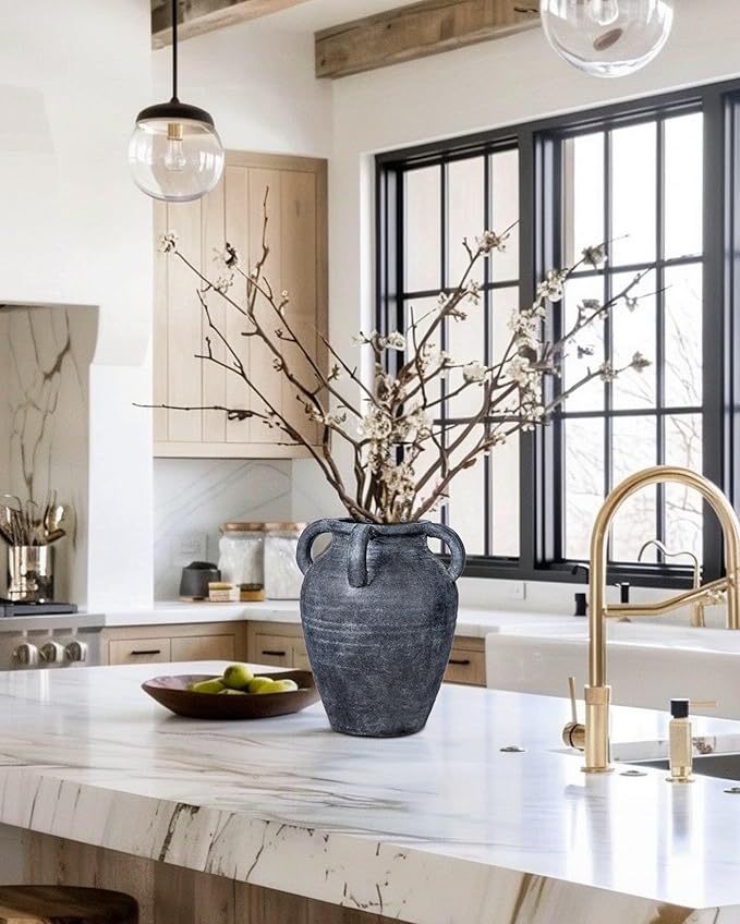 Handmade Flower Vase, 9.8" Tall Terracotta Vase, Vintage Ceramic vase, Rustic Antique Decor with 4 Handles, Wide Mouth, Matte Finish for Home Office Resto Café Décor