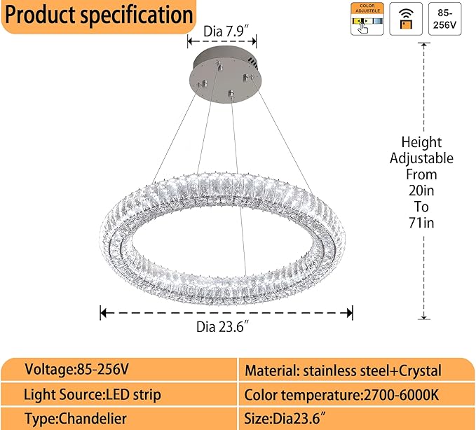 Modern Crystal Chandelier Dimmable LED 23.6" Ring Pendant Light Adjustable Round Chrome Crystal Chandelier Light Fixtures for Dining Room Living Room