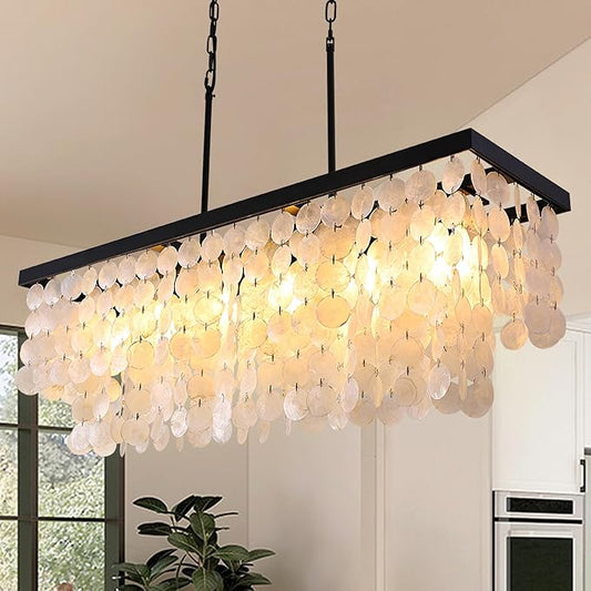 TOCHIC Rectangular Capiz Shell Chandelier, Coastal Beach Lighting 6 Lights, Modern Black Chandelier Shell Pendant Light for Kitchen Island, Dining Rooms, 2 Tier, 39.3" L