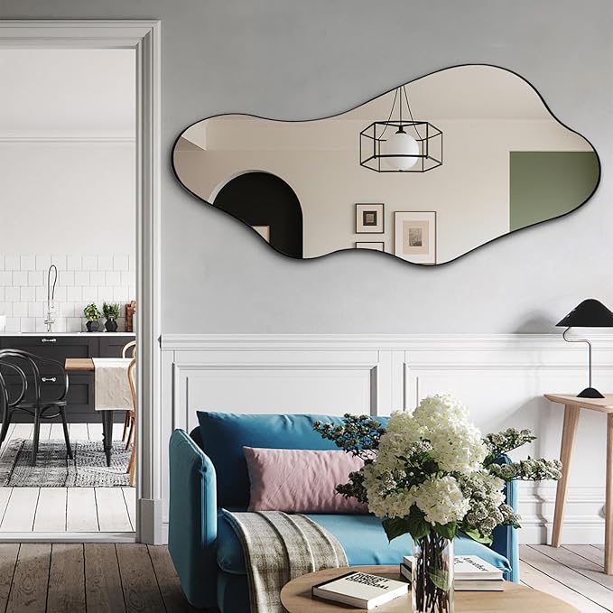 Large Irregular Mirror, Asymmetrical Wall Mirrors Decorative, 55"x25.6" Wavy Shaped Mirror with Metal Frame, Abstract Full Length Mirrors for Living Room Bathroom Bedroom Hallway Entryway