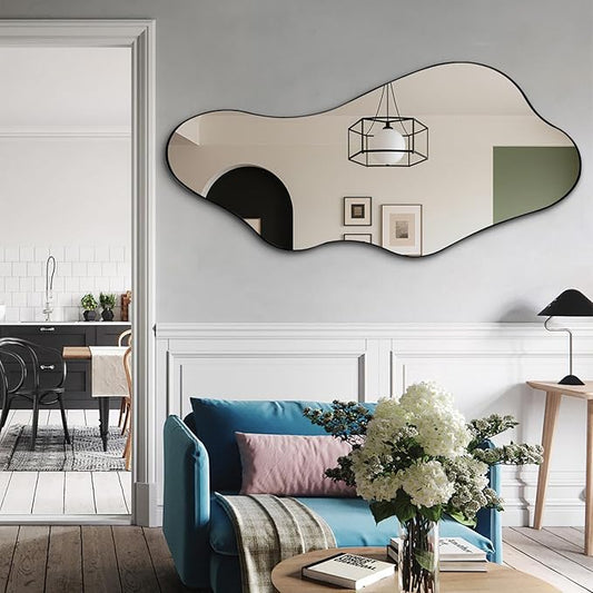 Large Irregular Mirror, Asymmetrical Wall Mirrors Decorative, 55"x25.6" Wavy Shaped Mirror with Metal Frame, Abstract Full Length Mirrors for Living Room Bathroom Bedroom Hallway Entryway