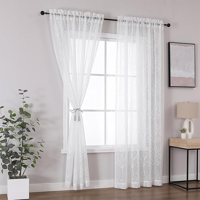VISIONTEX Sheer Curtains 72 inch Length 2 Panels Set, Decorative White Coral Embroidery, Rod Pocket Embroidered Window Drapes for Living Room and Bedroom, 54" x 72"