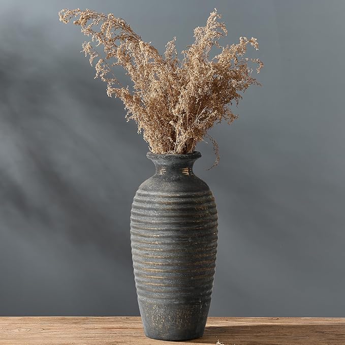 Ceramic Natural Rustic Vase, 14.4 Inch Large Vintage Flower | Threaded Decorative | Farmhouse Tall Vase for Home Decor, Living Room, Shelf Decor, Gift, Bronze