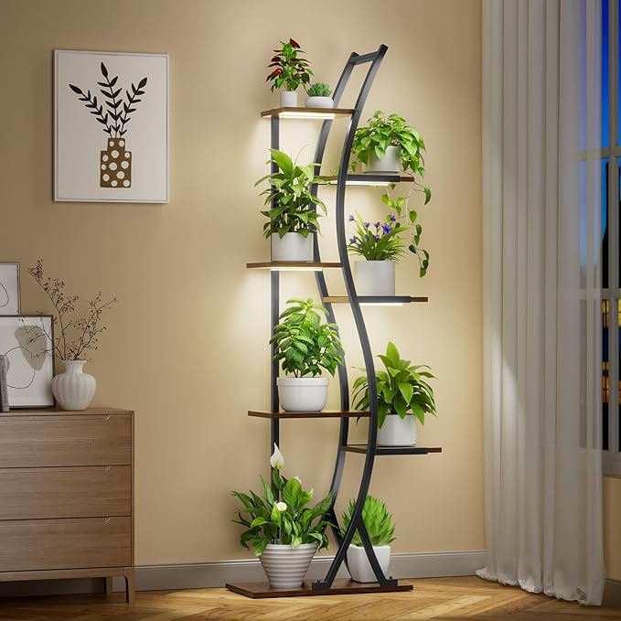 Plant Stand Indoor with Grow Lights - 7 Tiered Tall Metal Plant Shelf - Corner Wooden Plant Stand for Indoor Plants Multiple, Large S-Shape Flower Rack Holder for Living Room, Garden, Patio Decor, 62"