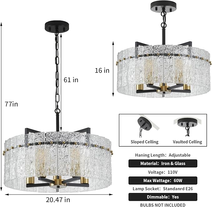Modern Chandeliers for Dining Room,20" Black Gold Luxury Water Ripple Glass Bedroom Light Fixture,5-Light Glass Pendant Lights Kitchen Island for Living Room,Foyer