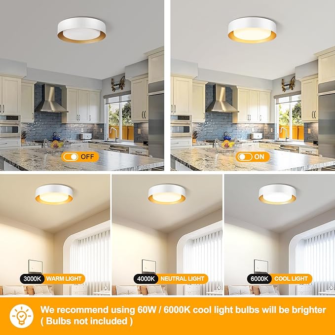 Modern Flush Mount Ceiling Lights,Minimalist 16.5IN Round Close to Ceiling Light Fixtures,White and Gold Metal Ceiling Lighting Lamp for Living Room,Dining Room,Kitchen,Bedroom