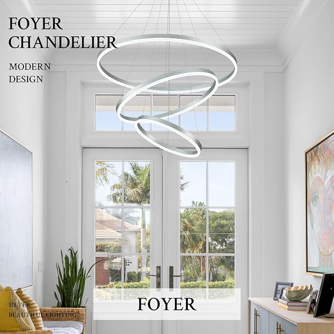 3-Rings Modern LED Chandelier Silver, Dimmable Pendant Lighting with Remote Control Circular Flush Mount High Ceiling Light for Living Room Dining Room Foyer, 3000K-6500K D31.5’’
