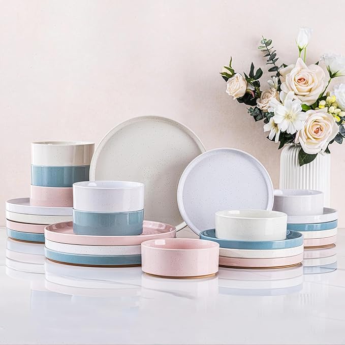 AmorArc Ceramic Dinnerware Set for 8 | Handpainted Stoneware Plates and Bowls with Rustic Terracotta Underside| Scratch Resistant,Dishwasher & Microwave Safe Dishes Sets- 24pcs Colorful