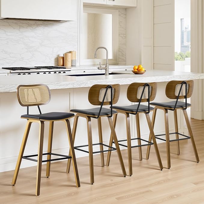 Counter Height Bar Stools Set of 4, Mid Century Modern Counter Stools, 26" Wood Kitchen Stool PU Leather Upholstered Barstool with Rattan Back, Counter Height Island Dining Bar Chair, Black