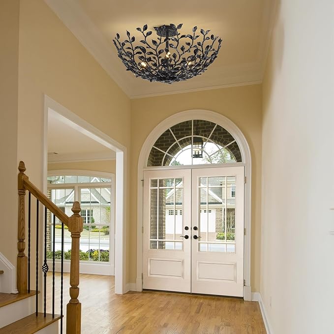 Black Tree Branch Semi Flush Mount Ceiling Light, 6-Light Chandeliers Ceiling Lighting, 25.5" Metal Modern Farmhouse Chandeliers for Kitchen Entryway Living Room Bedroom Foyer Hallway