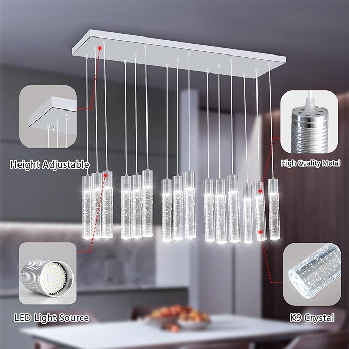 15-Lights Modern Crystal Chandelier LED Pendant Lighting Fixture for Kitchen Island Light Fixtures for Dining Room Hallway Foyer