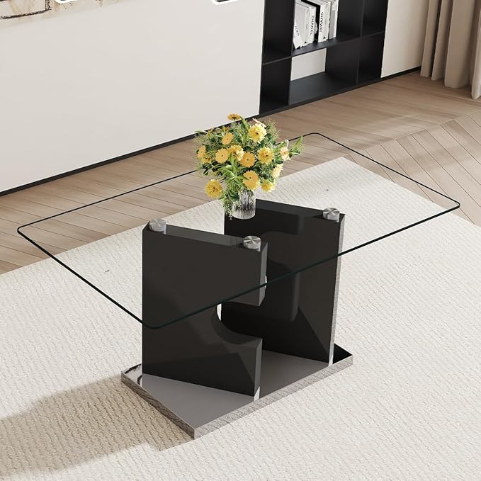 63" Glass Dining Table Set for 4, Modern Kitchen Dining Room Table with Tempered Glass Top, Rectangle Clear Table for Kitchen, Dining Room