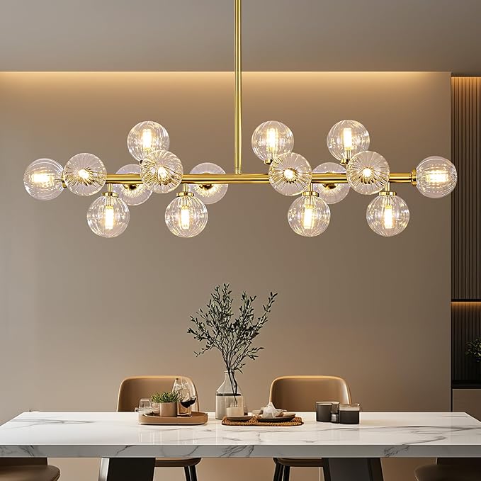 Glass Globe Sputnik Chandelier, 16-Light Mid Century Modern Light Fixture Over Table, Linear Chandeliers for Dining Room, Kitchen Island, Brass Gold and Clear Bubble, 40 Inch, GC-02