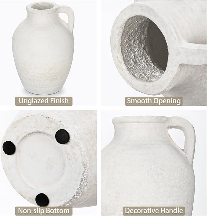 Ceramic Rustic Farmhouse Vase, 9 inch Ceramic White Flower Vase for Centerpieces Pampas Grass Pottery Jug with Handle Boho Modern Rustic Farmhouse Decor for Living Room Kitchen Dinner Table Shelves