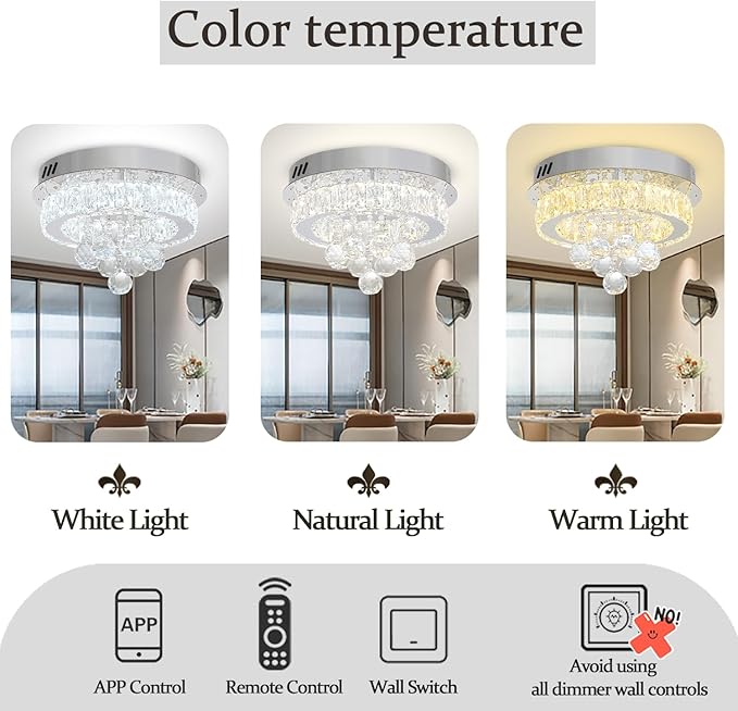 Flashing God 12" Modern Crystal Chandeliers Flush Mount Ceiling Light Silver Chandelier for Hallway LED Dimmable Light Fixture for Dining Room Living Room Bedroom