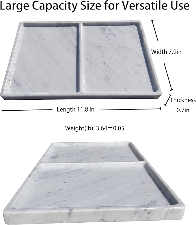 11.81"x7.87" Marble Decorative Tray with Dual Compartments – Catchall Organizer for Jewelry, Cosmetics, Soap – Polished Stone Dresser Vanity Tray for Bathroom, Entryway, Office – Calacatta White