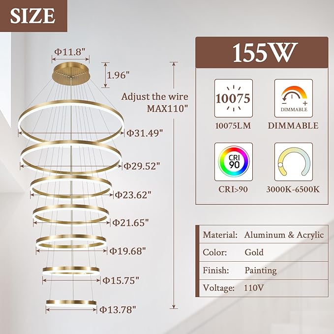 7-Rings D31.5’’ Modern LED Chandelier Gold Dimmable High Ceiling Chandeliers Foyer with Remote Control for Staircase Entryway Dining Room Living Room, 3000K-6500K