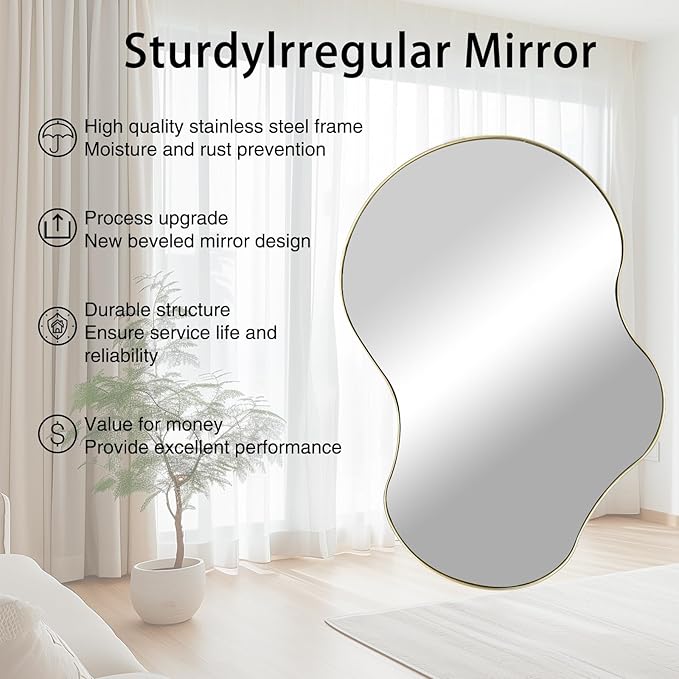 Gold Irregular Mirror, 36"x26" Asymmetrical Wall Mirrors with Metal Frame, Waved Shaped Decorative Mirrors for Living Room Bathroom Bedroom Hallway Entryway Fireplace