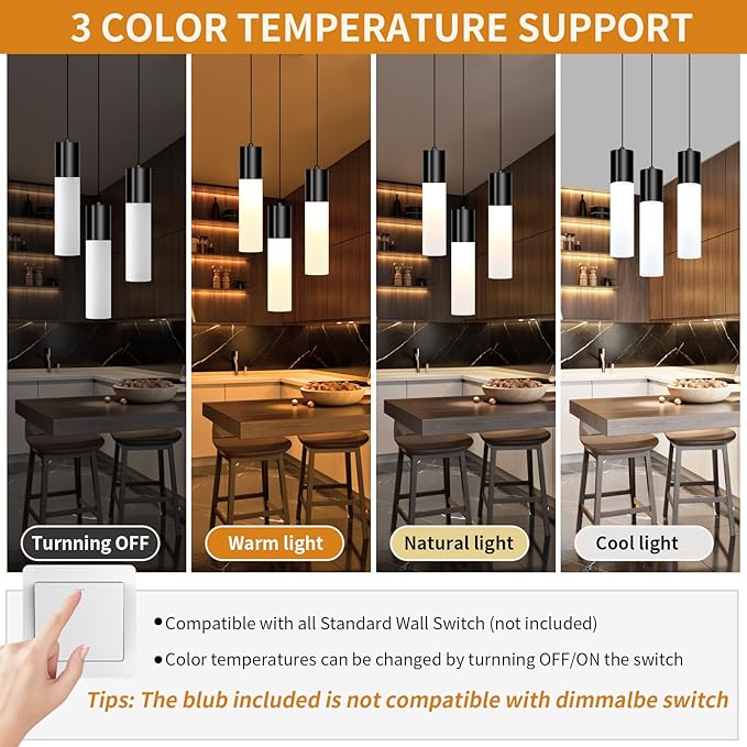 Cluster Pendant Lighting Fixture Black 3-Light Modern Hanging Dining Table Light with Milky White Lampshade LED Pendant Lights for Kitchen Island Dining Room Adjustable Height, 3000K-6000K