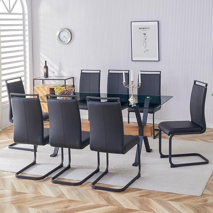 9 Piece Glass Dining Table Set, Kitchen Table Chairs Set for 8, 71'' Dining Table with 0.4" Tempered Glass Tabletop with Plated Metal Legs and MDF Crossbar, 8 PU Chairs for Dining Room, Kitchen.
