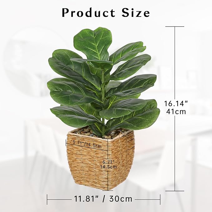 Briful Fake Plants Potted Fiddle Leaf Fig Artificial Plants Indoor Realistic Greenery Faux Plants in Square Plastic Rattan Baskets for Home Decor Farmhouse Office Weddings