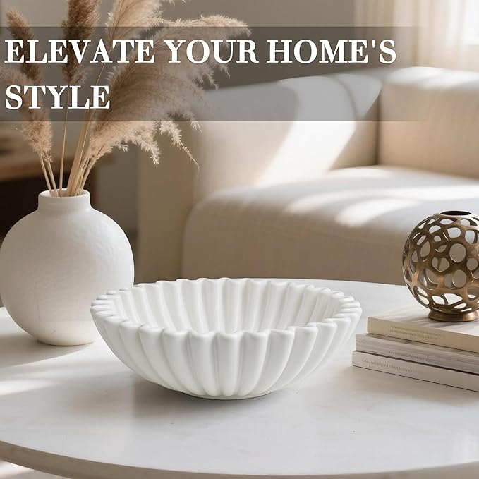 Large Decorative Bowl, White Ceramic Fruit Bowl for Kitchen Counter, Key Bowls for Entryway Table, Modern Coffee Table Home Decor, Scalloped Handmade Artwork White 9.6 inches