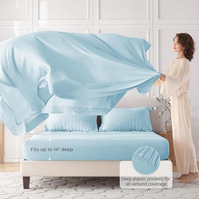 MUXHOMO 7 Pieces King Comforter Set, Seersucker Bed in a Bag King Size, All Season Luxury Bedding Set with Comforter, Flat Sheet, Fitted Sheet, Pillowcases & Shams, Lake Blue