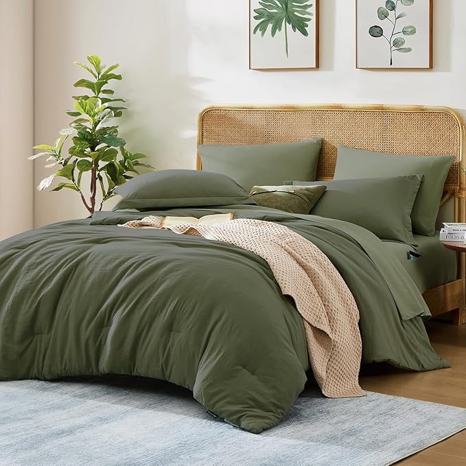 WRENSONGE Queen Comforter Set- 7 Pieces Soft Olive Green Bed in a Bag with Fitted Sheet, Flat Sheet, 2 Pillow Shams, and 2 Pillowcases- Warm Bedding Sets Queen for All Season