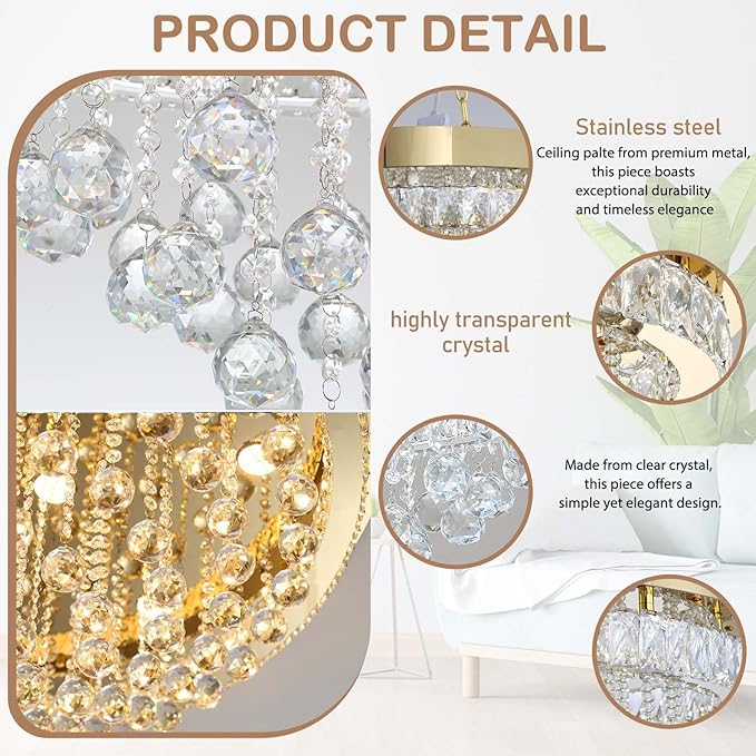 Flashing God 12" Modern Crystal Chandeliers Flush Mount Ceiling Light Gold Chandelier for Hallway LED Dimmable Light Fixture for Dining Room Living Room Bedroom