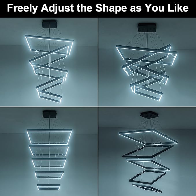 Square Led Chandelier Modern Led Hanging Light 5-Rings Contemporary Ceiling Pendant Light Dimmable Pendant Light for Living Room Kitchen Dining Room 15.7"+19.6"+23.6"+27.5"+31.4" Black