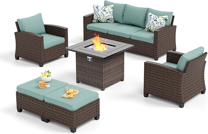 Patio Furniture Set Outdoor Furniture Brown Wicker Rattan Patio Conversation Sets with Cushion Outside Sofa Set,5 Pieces with Firepit Table,7 Seats,Blue