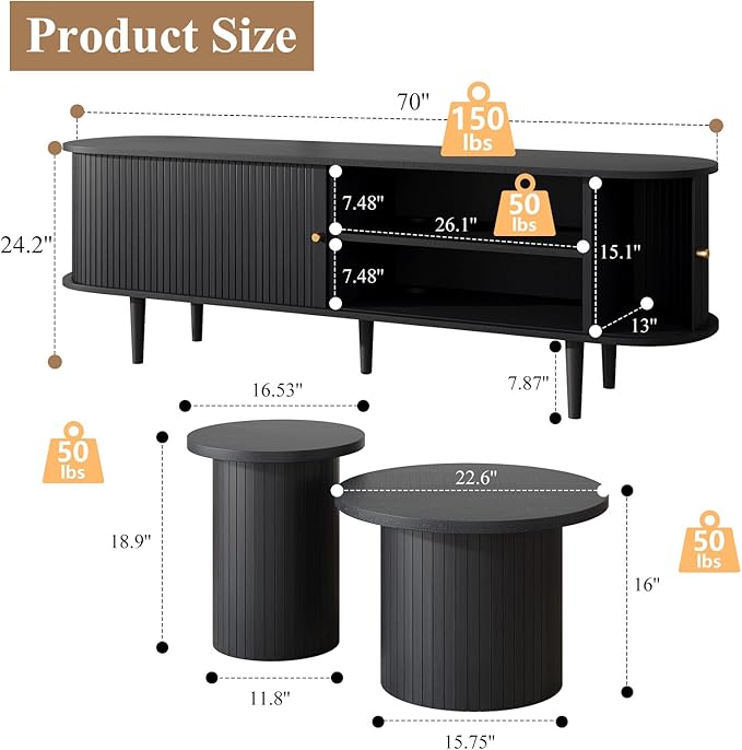 3-Piece Mid Century Modern Living Room Table Set, 70" TV Stand with Tambour Door, Nesting Round Coffee Table Set of 2, Wood Slats Entertainment Center with Storage, Black