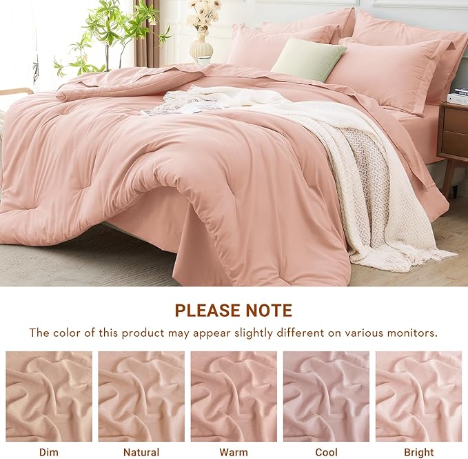 MUXHOMO 7 Pieces Queen Comforter Set, Soft Bed in a Bag Queen Size, All Season Bedding Set with Comforter, Flat Sheet, Fitted Sheet, Pillowcases & Shams, Rose Gold