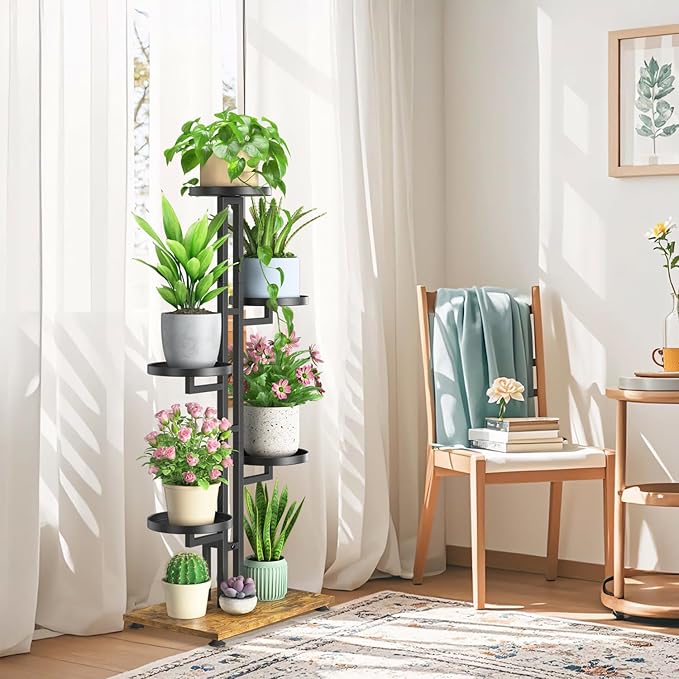 LASZOLA Black 5 Tiered Plant Stand Indoors Heavy Duty Metal Rack, Sturdy Multi Level Shleving Hold Flowers, Larger House Decorate Ladder for Planting Inside Tree Herb Cactus, Wooden Base, Space Saving