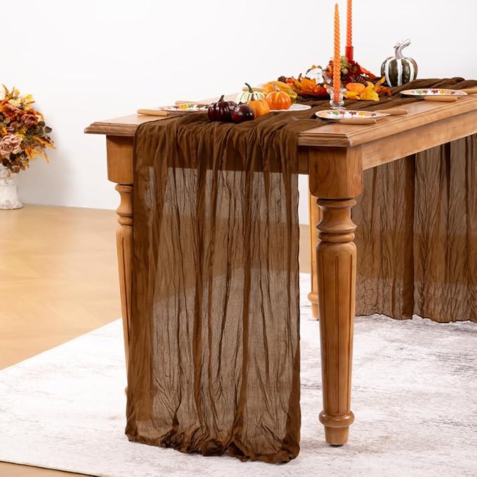 Brown Cheesecloth Table Runner Tan 10 Pack Fall Table Runners Boho Gauze 120 Inches Marron Cheese Cloth Fall Table Decorations for Thanksgiving Wedding Bridal Baby Shower Tea Party Decor