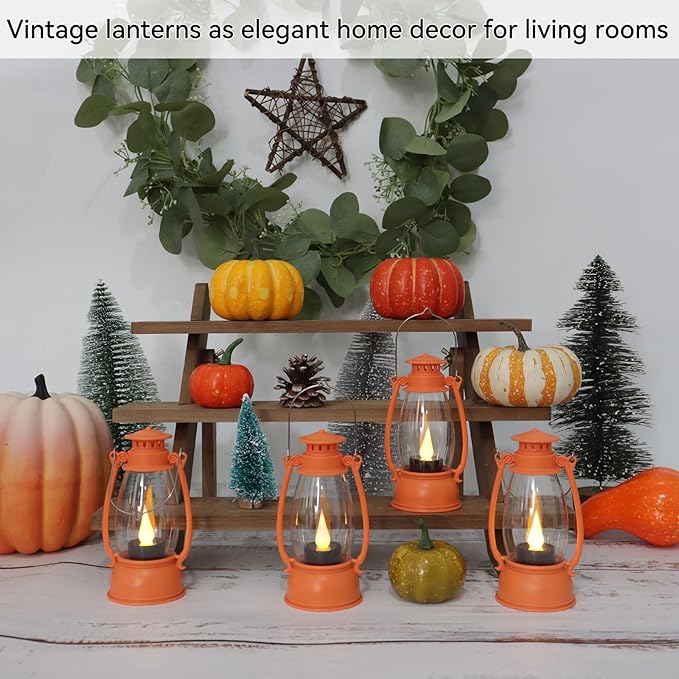 Orange Mini Lanterns Decorative 6-Pcs for Fall Halloween Thanksgiving Decoration, Small Western Lantern with LED Flickering Candle for Cowboy Camping Christmas Wedding Decor, Centerpiece Table
