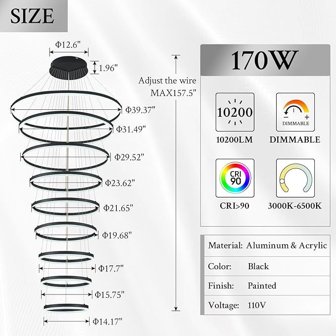 9-Rings D39.4’’ Modern LED Chandelier Black Dimmable High Ceiling Foyer Chandeliers Entryway with Remote Control for Staircase Entryway Living Room Foyer, 3000K-6500K