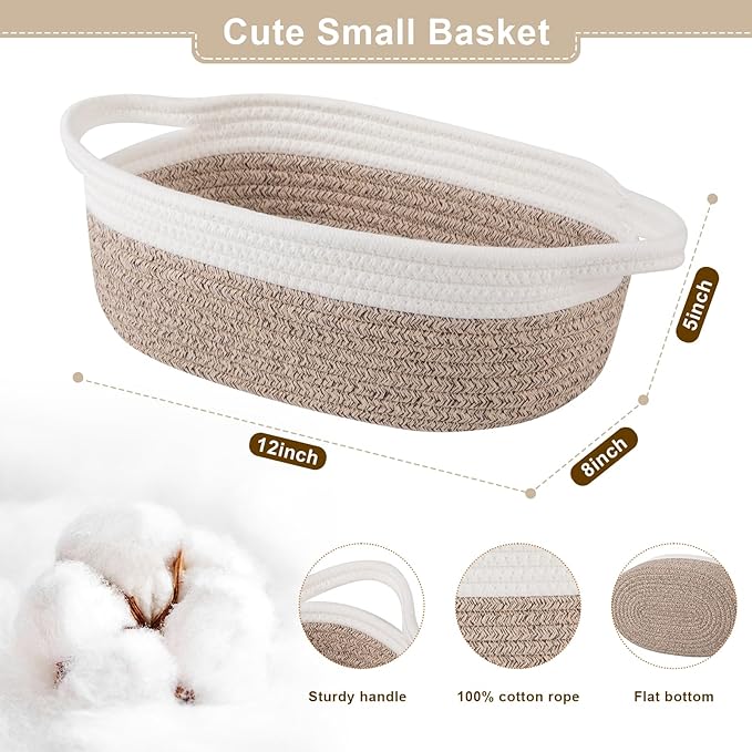 OIAHOMY Gift Basket Empty with Handle, 12"x 8"x 5" Small Woven Basket with Gift Bag, Ribbon and Wrap Tissue Paper, Dog Toy Storage for Organizing - Brown & White