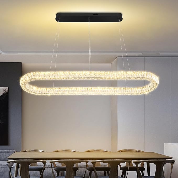 Oval Crystal Chandelier, 55'' Black Crystal Ring Pendant Light for Kitchen Island Modern Linear Oval Chandeliers for Dining Room Dimmable 3000K-6000K