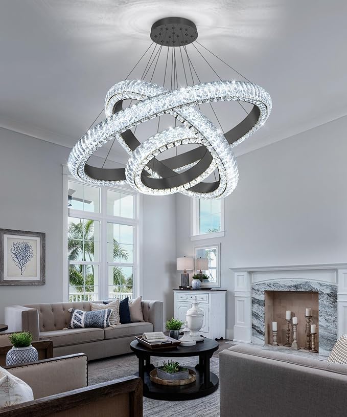 31.5" 3 Ring Crystal Chandelier Modern LED Dimmable Ring Pendant Light Round Chandelier for Dining Room Living Room Black
