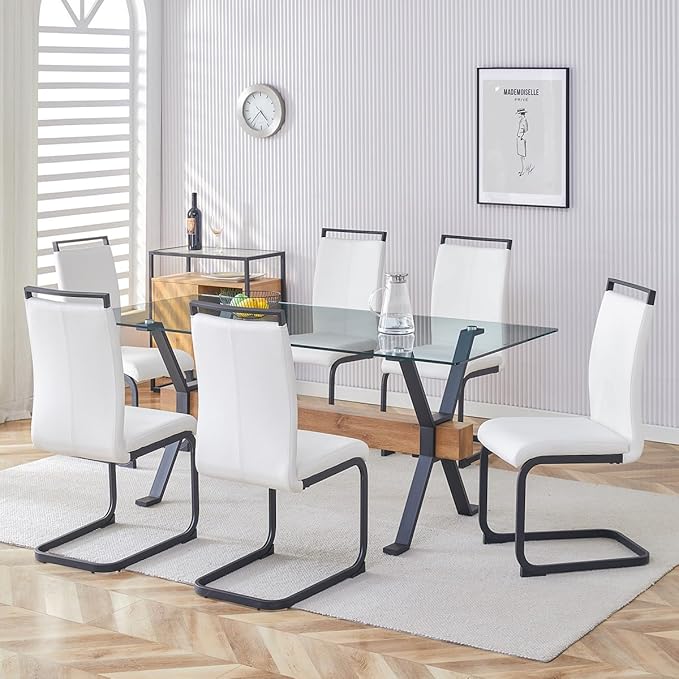 7 Piece Glass Dining Table Set, Kitchen Table Chairs Set for 6, 71'' Dining Table with 0.4" Tempered Glass Tabletop with Plated Metal Legs and MDF Crossbar, 6 PU Chairs for Dining Room, Kitchen.