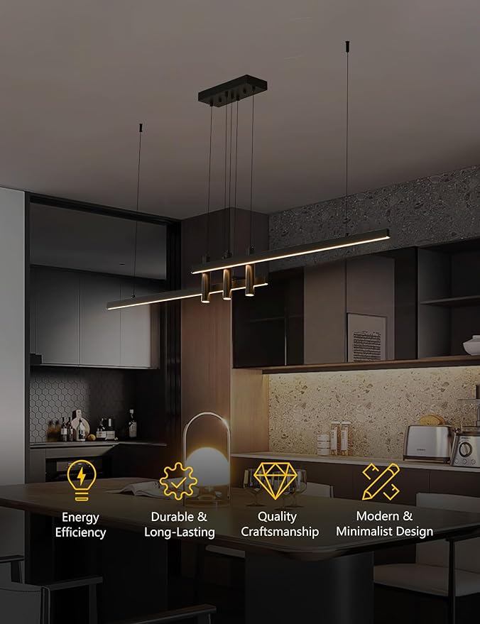 Modern Black Linear Pendant Lights Kitchen Island Lighting Minimalist Led Chandeliers Pool Table Light Dimmable Ceiling Hanging Light Fixture Dining Room with Remote Control (59in)