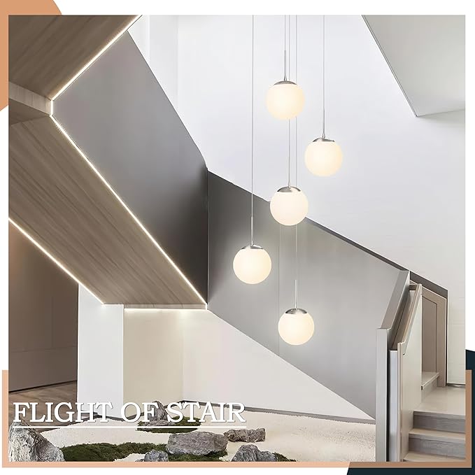 KoKo&Yukina 5-Light Globe Glass Pendant Light Adjustable Length Pendant Lights Fixtures Modern Nickel Chandelier with Milky White Glass Ceiling Lights for Foyer Hallway Bedroom (Bulb & Remote Incl.)