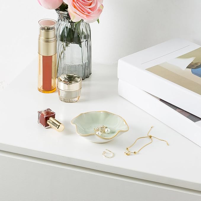 Ceramic Trinket Dish, Ring Tray, Decorative Jewelry Dish, Decoration Plate for Earrings, Rings, Jewelry Dish Holder, Key Bowl, Trinket Tray, Earring Holder for Women (Lotus leaf green)