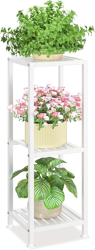 LASZOLA 3 Tier White Metal Plant Stand Indoor Outdoor for Large Planter, Modern Heavy Duty Tall Rack for Corner House Bathroom Patio Floor, Iron Flower Shelf Holder for Orchid Fern