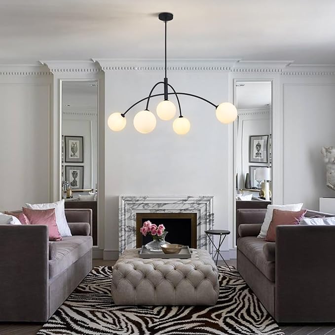 Mid Century Chandelier Black Ceiling Light 5 Light Sputnik Light Fixture with White Glass Globe Adjustable Modern Sputnik Chandelier for Dining Room Kitchen Bedroom…