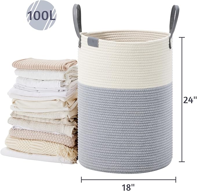 VIPOSCO Tall Laundry Basket, Large Dirty Clothes Hamper with Leather Handle, Woven Rope Storage Basket for Blanket, Toy In Living Room, Bathroom, Bedroom - 100L Grey & White